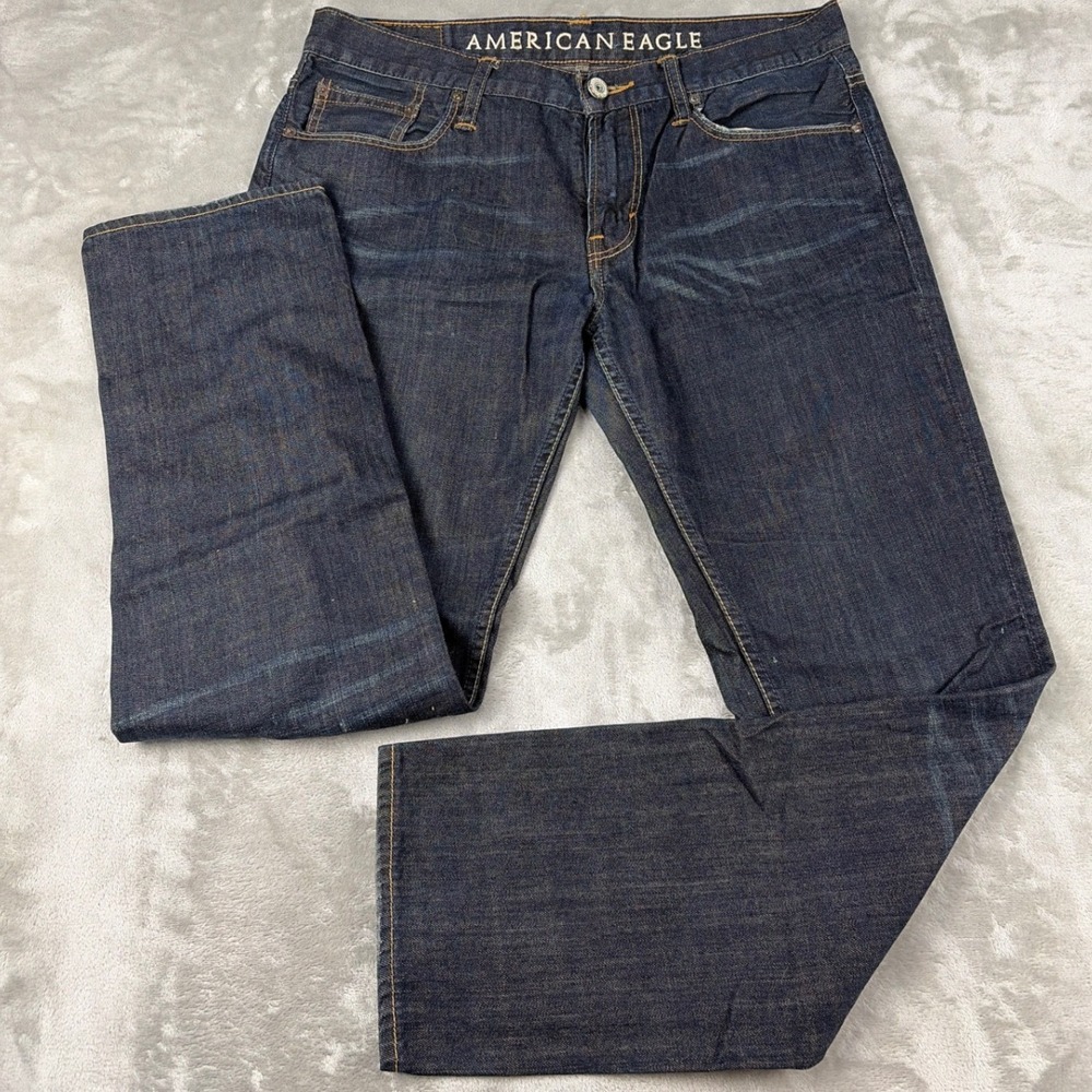 American Eagle Mens Straight Leg Dark Wash Indigo Denim Jeans 33x32 Flap Pocket